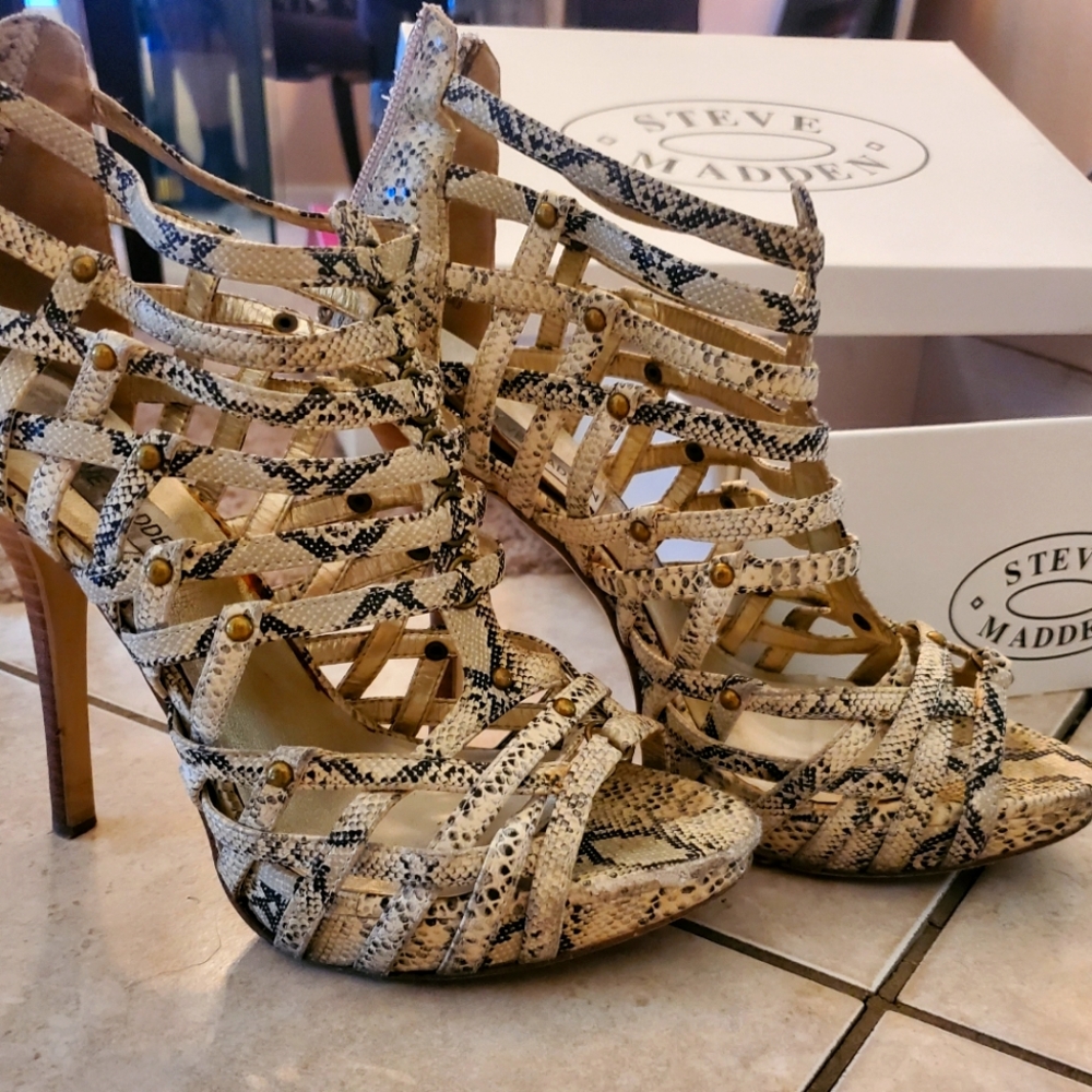 Strappy neutral snake print vegan leather cage sandal bronze studded 4" heel